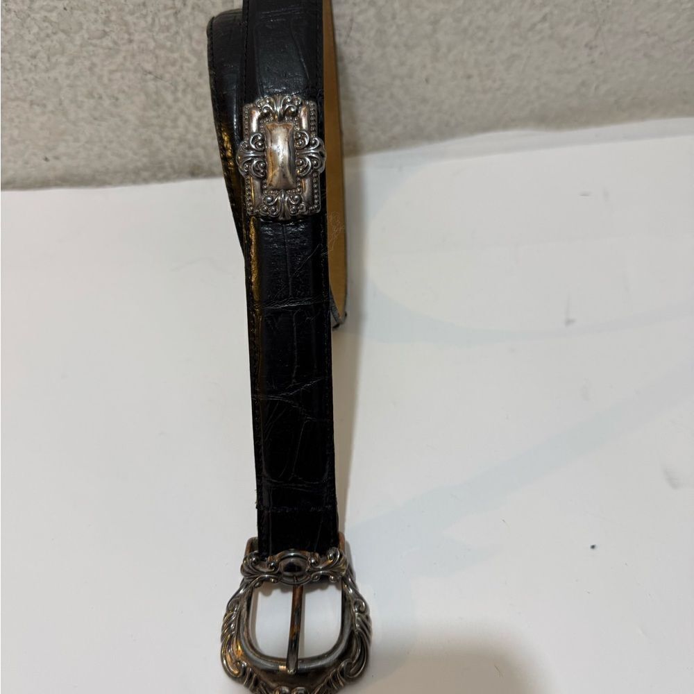 Enmon Belts Black Embossed Italian Leather Belt Silver Tone  sz Small